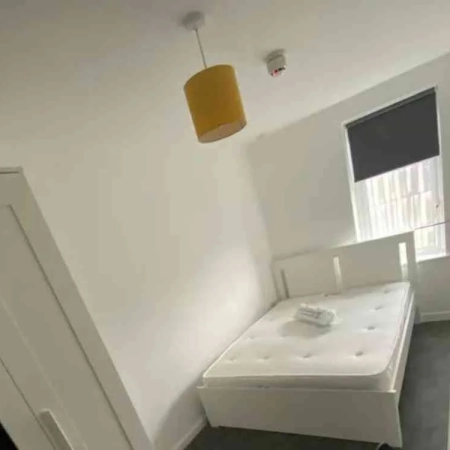 A large room with a double bed, a window, a light and a door leading outside in this large room to rent in London.